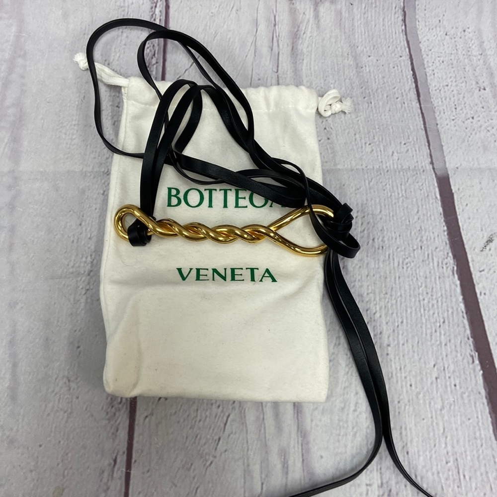 Bottega Veneta Black Leather Wrap Belt with Gold Twisted Bar